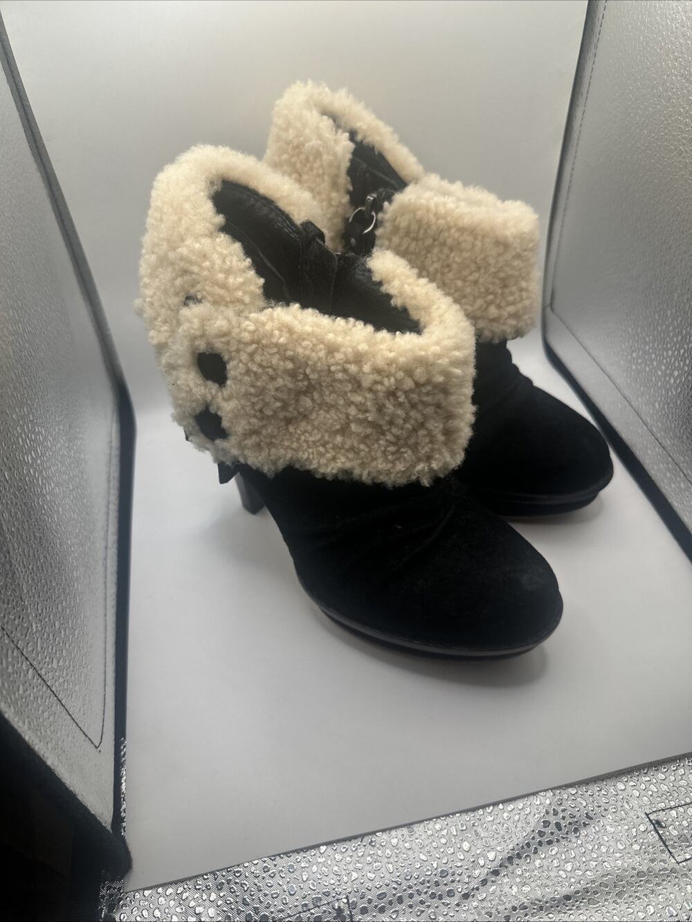 UGG Georgette Black Suede Ankle Boots with Sheepskin Cuff Size 7
